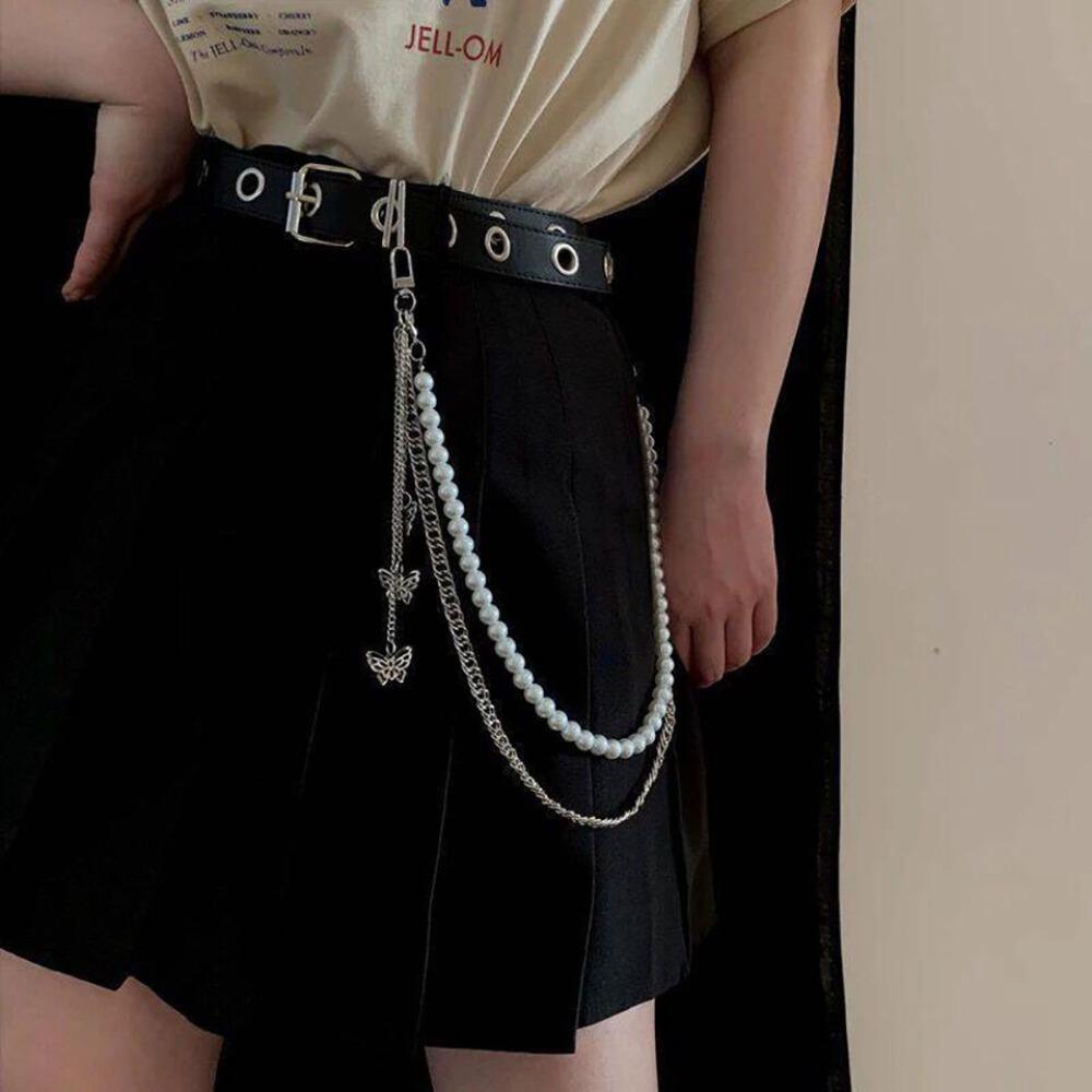 Hip Hop Style Butterfly Pendant Pants Chain Retro Style Multi Layer Pearls Jeans Chain Waist Chain Jewelry Metal