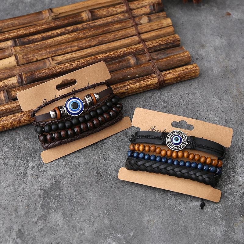 Vintage Pánská 4dílná sada náramků z hovězí kůže a konopného provazu