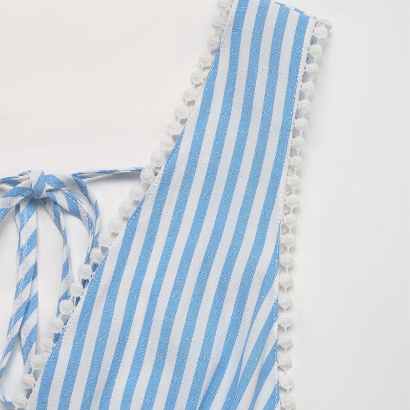 VEZFAA Women's Fashion Summer Spring Stripe Print Sleeveless V-Neck High Waist Casual Dresses