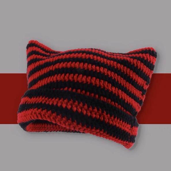 Y2K Women's Christmas Red Green Slouchy Beanies Crochet Acrylic Cotton Cap 3D Embroidered Demon Devil Cat Fox Ear Knitted Stripe