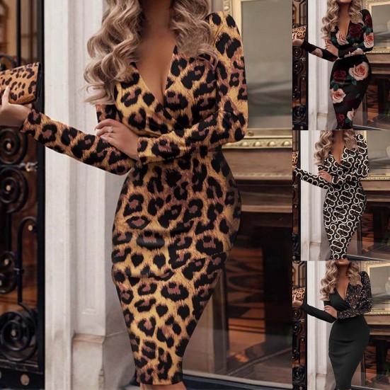 Deep V-Neck Long Sleeve Lady Dress Shirring Sequin Skinny Office Midi Dress for Daily Wear