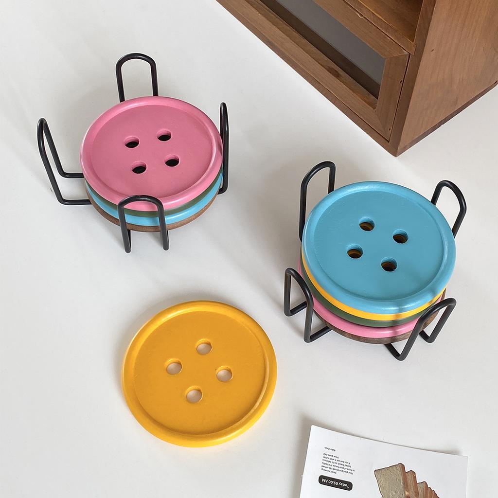 6-Piece Original Colorful Button Coaster Set with Cross-Shaped Iron Rack Coaster Holder Dopamine Round Wooden Coasters Exquisite Coffee Cup Holders