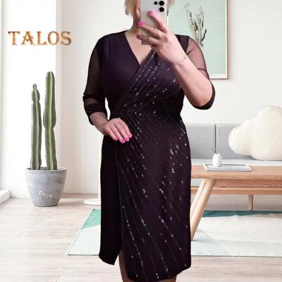 Women Casual Dress V-Neck Short Sleeve Waist Tight Knee-Length Dress Sequin Decoration Solid Color Dress