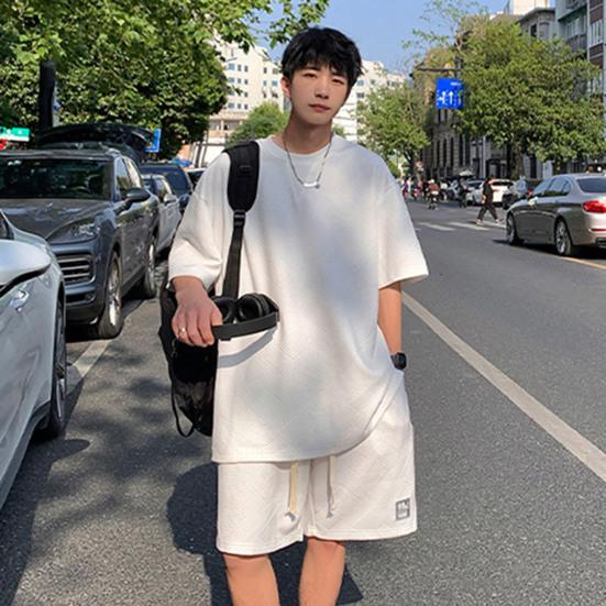 2Pcs/Set O-Neck Short Sleeve Waffle Texture Casual Outfit Pockets Drawstring Elastic Waistband Solid Color T-shirt Loose Shorts Sport Suit Streetwear