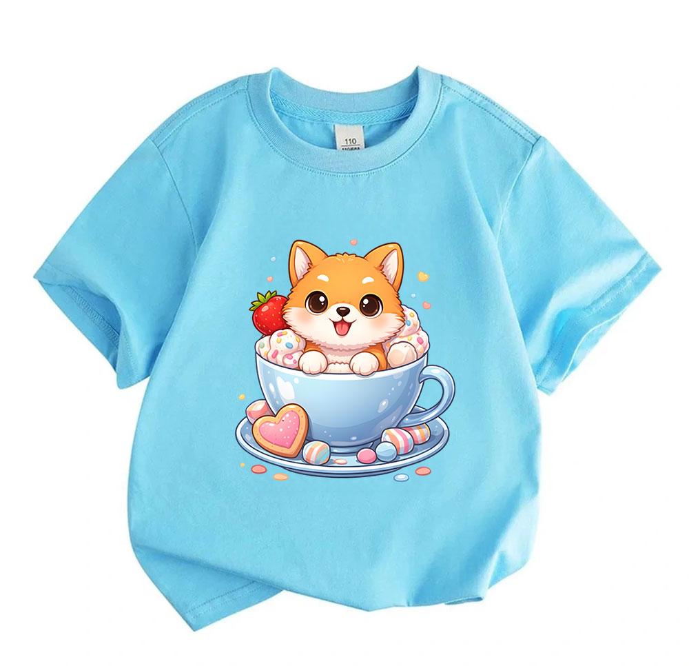 Kids Boys Girls 100% Cotton Crew Neck Short Sleeve T-Shirt Cute Cartoon Shiba Inu in Teacup Sweet Dessert Print Casual Soft Summer Tees for Children