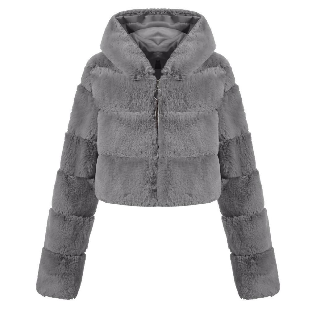 Y2k Streetwear Women Autumn Winter Faux Fur Coat Hooded Cropped Jacket Fur Coat Long Sleeve Cardigan Soft Tops Vintage Harajuku