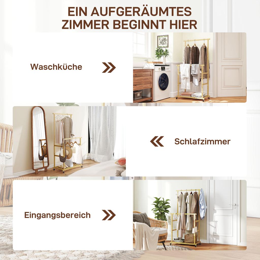 Clothes Rack with Casters, Coat Rack with Clothing Rail, Shoe Shelf, Made of Bamboo, 80 X 40 X 160 Cm, Natural