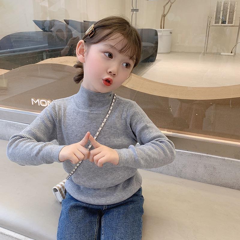 Girls Solid Half High Collar Long Sleeve Pullover Sweater Kids Casual Bottoming Inner Top
