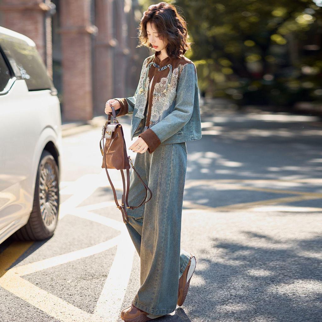 2026 Spring/Autumn Women's Lace Patchwork Denim Suit with Frog Buttons - Stylish Two-Piece Set