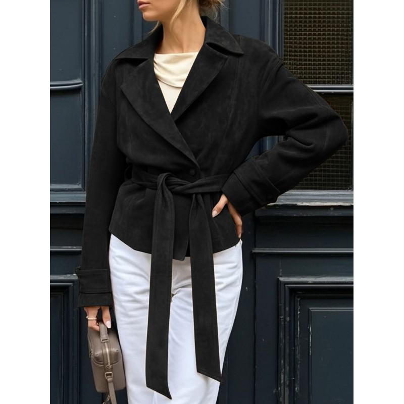 Womens Faux Suede Wrap Belted Collared