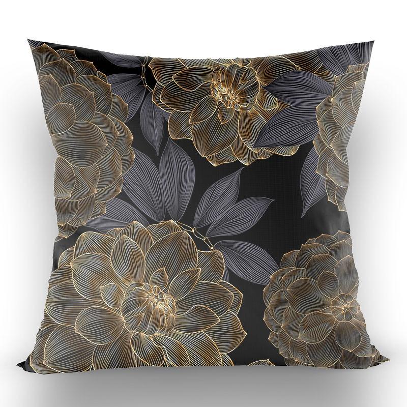 Chinese-Style High-End Modern Throw Pillow Cover, Black With Gold Foil Floral And Lotus Design, Suitable For Living Room Sofa
