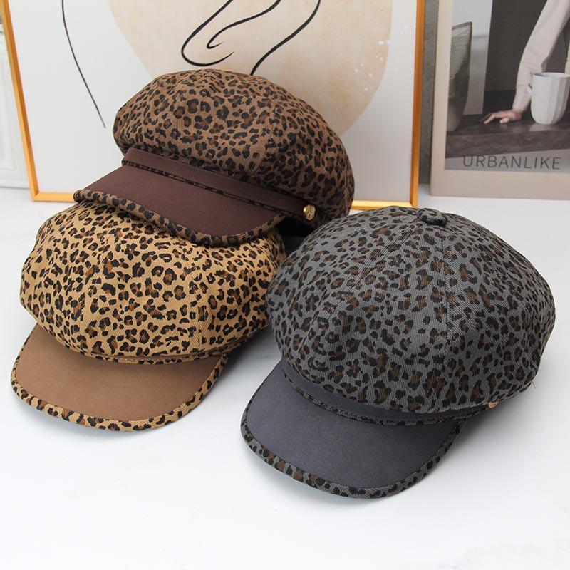 Cappello ottagonale con stampa leopardata autunnale e invernale da donna, cappello da strillone a splicing retrò, cappello da pittore alla moda versatile per il viso, stile britannico piccolo