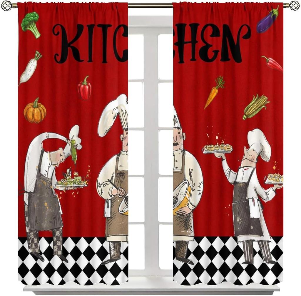 Chef Cooking Curtains For Kitchen,R Cartoon Rustic Vegetable Fruit Lattice Pastry Fat Chef Carrot Corn Gourmet Cookware Window