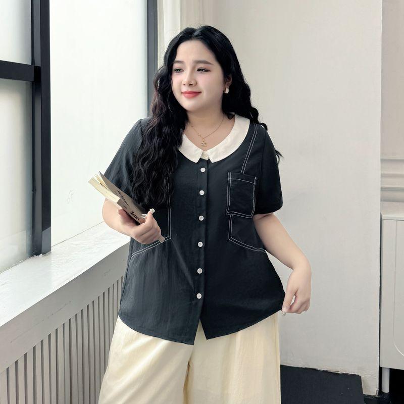 

Plus size women clothing [Japan fashion Artistic Shirt] Contrast Color Doll Collar Open Line Top 100.00kg Retro Short sleeve Shirts Navy blue-Shirt 6XL