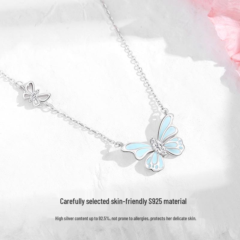 Tichia S925 Sterling Silver Luminous Enamel Butterfly Necklace for Women - Original Design Clavicle Chain