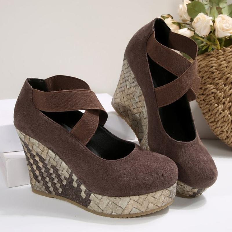 Fashion New Women's Wedges Shoes Spring Autumn Round Head Fashion Platform High Heels Cross with Single Shoes Straw Zapatos De Mujer