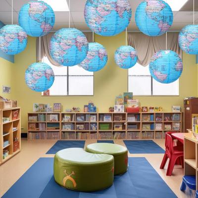 Lanterna Suspensa Volta ao Mundo com Tema de Viagem Lanterna Redonda de Papel Decoração de Sala de Aula para o Dia da Terra para Casa Decoração de Festa com Tema Terra