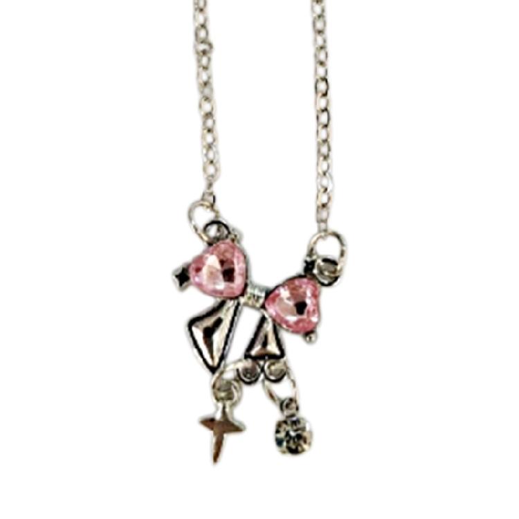 Delicate Pink Bowknot Pendant Necklace Zinc Alloy Texture Chain Necklace for Women Clavicle Birthday Party Anniversary