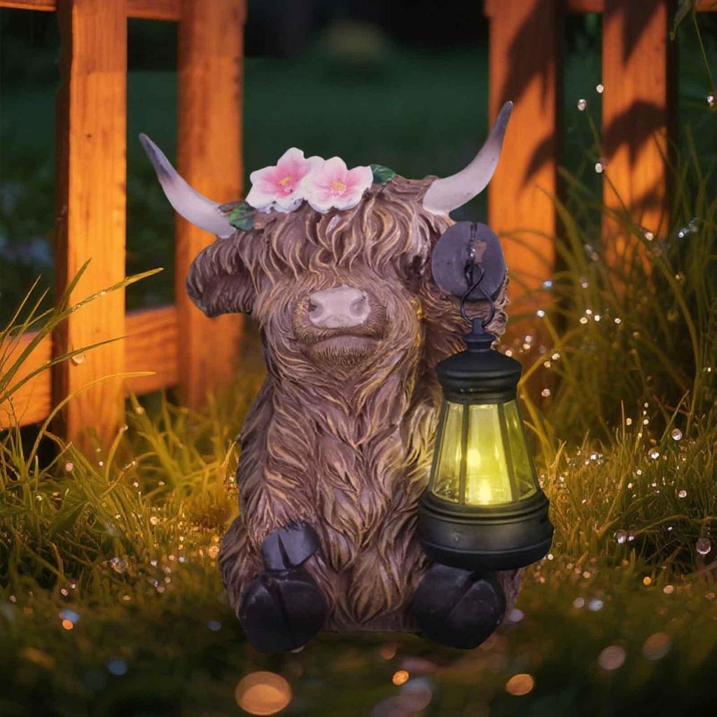 Highland Cow Garden Decor Realistic Highland Bull Animal Light Realistic Solar Powered Resin Statue For Bedroom Desk Apartment