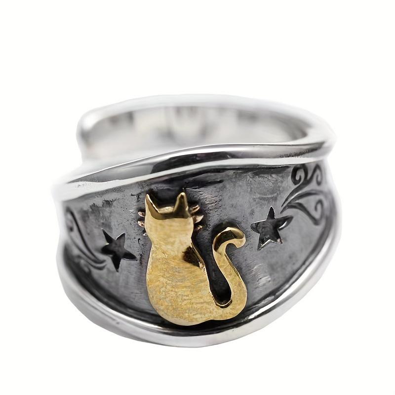 Retro Thai Silver Cat Star Open Ring for Men and Women
