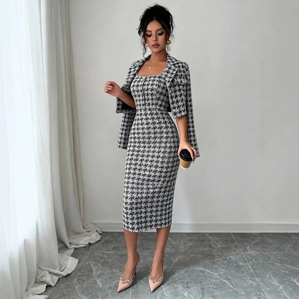European and American Light Luxury Commuter Rough Flower Suit Long-sleeved Lapel Short Jacket with Slim Suspenders and Thin Skirt