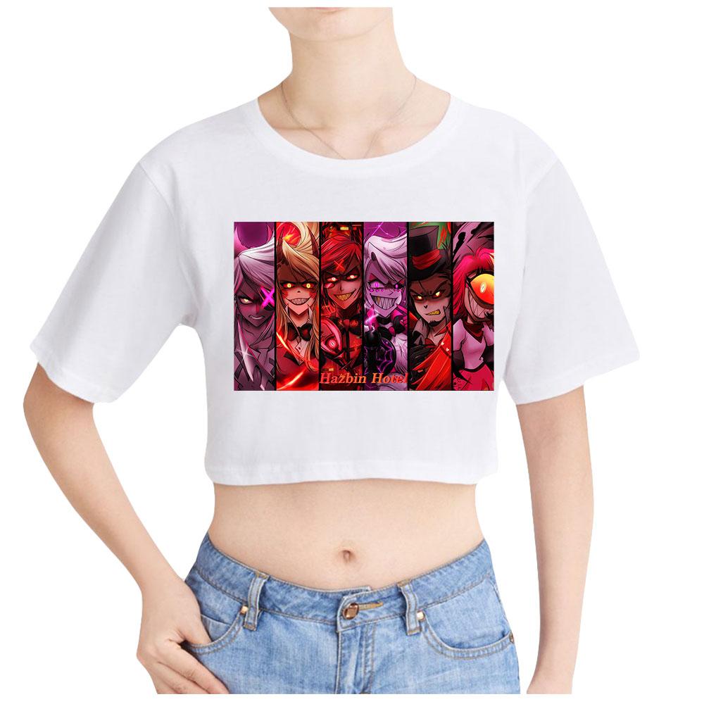 Módní Dámské Sexy Hazbin Hotel Grafický potisk Krátký rukáv Crop Top Legrační trička Hipster Cool Tops s výstřihem do O