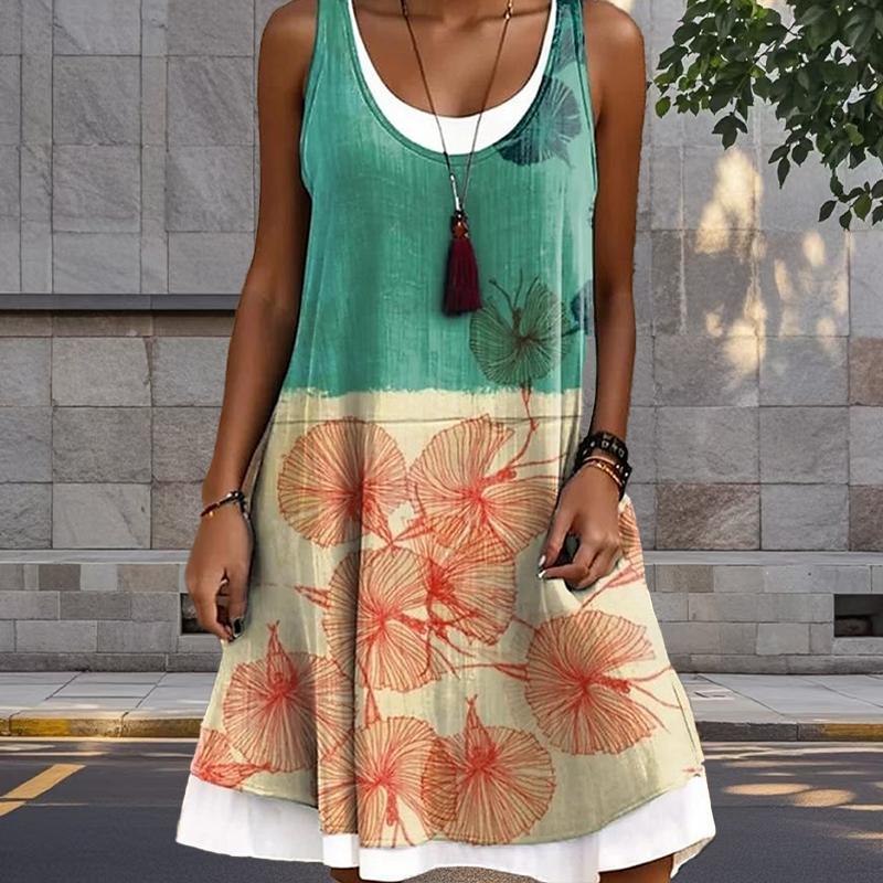 Women's Rose Flower Fake Two-piece Retro Pattern Printed Sleeveless Round Neck Dress Loose Soft and Comfortable Plus Size Dress