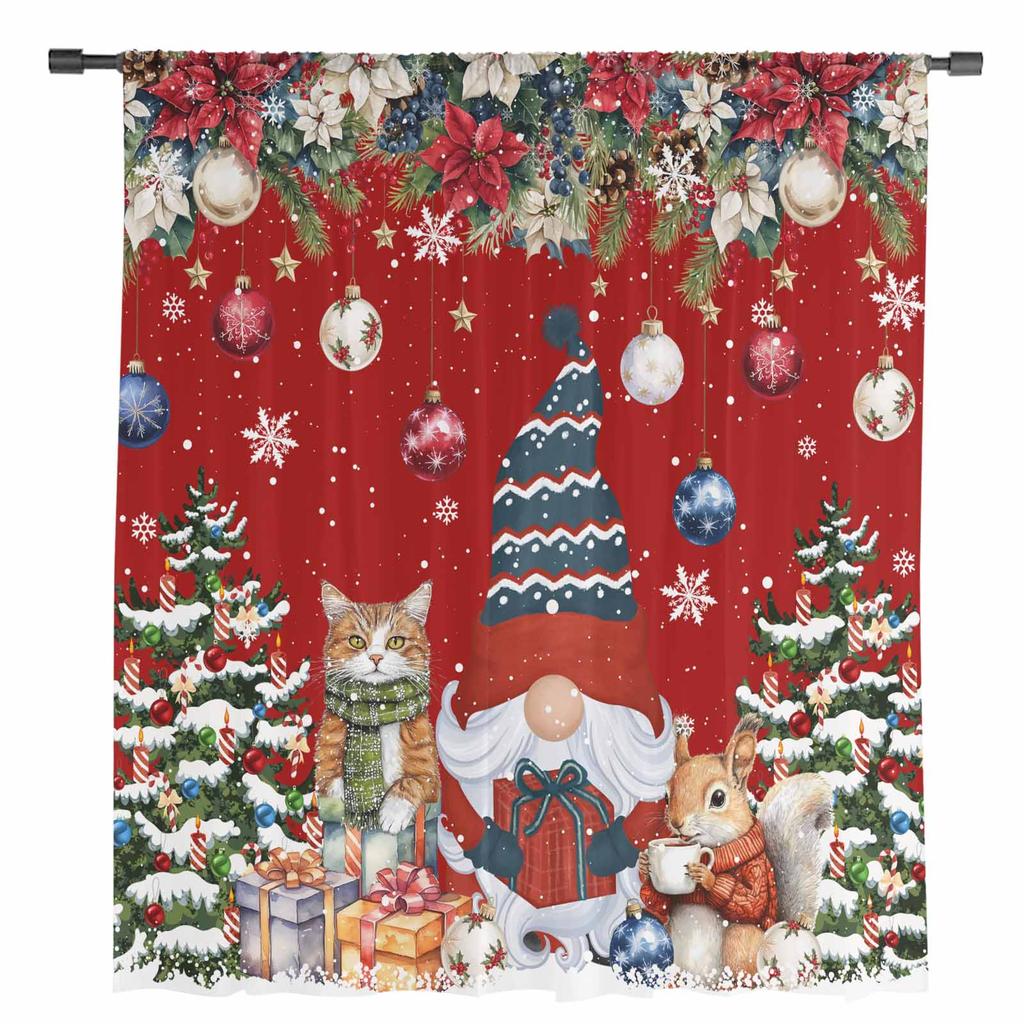 Dwarf Snowflake Christmas Tree Ball Gift Cat Squirrel Sheer Curtains Room Decoration Window Curtain Kitchen Tulle Voile Curtains