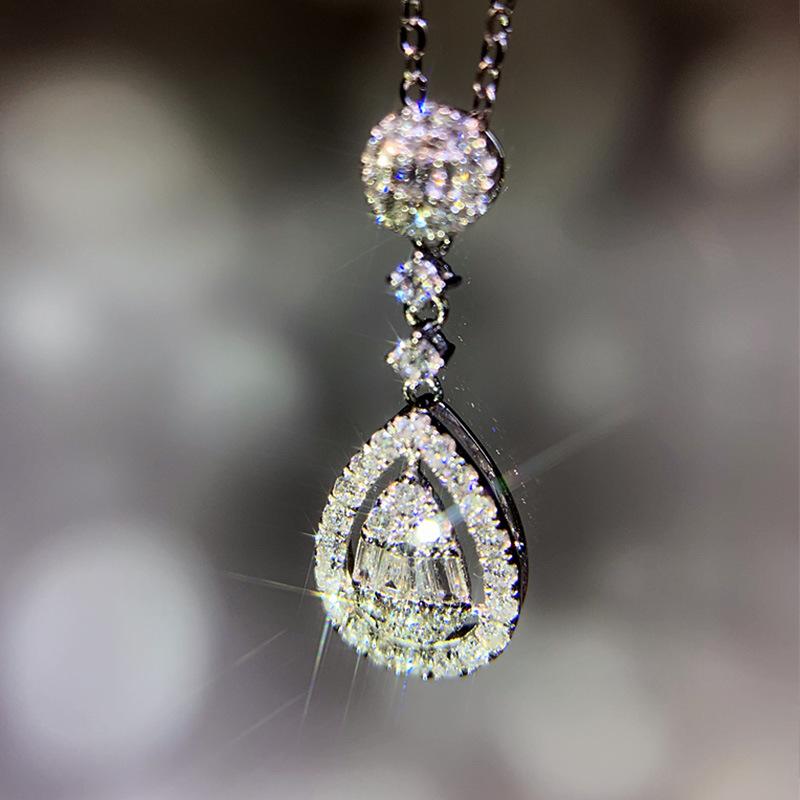 Silver Plated Teardrop Double Halo CZ Pendant Necklace, Sparkling Multi-Cut Drop Cable Chain Necklace for Women