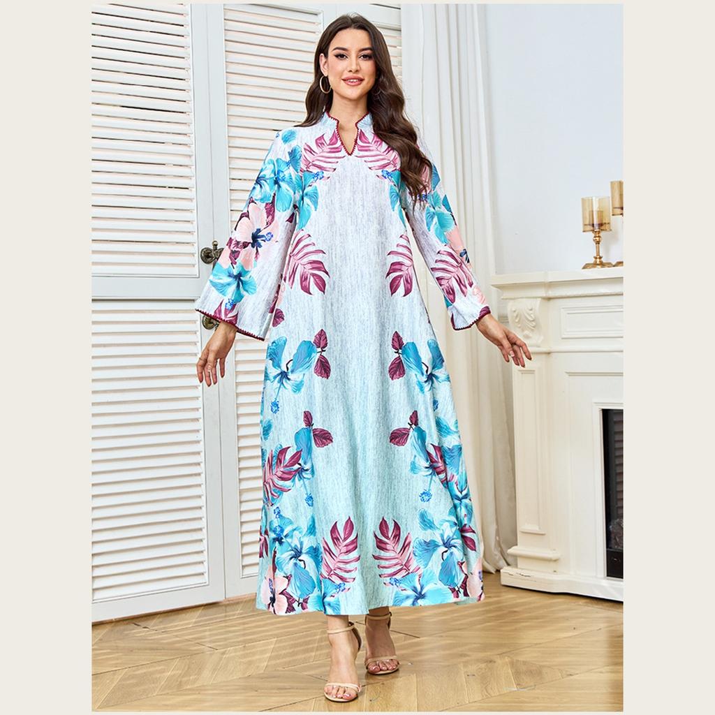Casual Dresses Arabian Style Elegant Floral Loose Plus Size Casual Maxi Dress for Women, 100% Polyester Fashionable Comfortable Dress