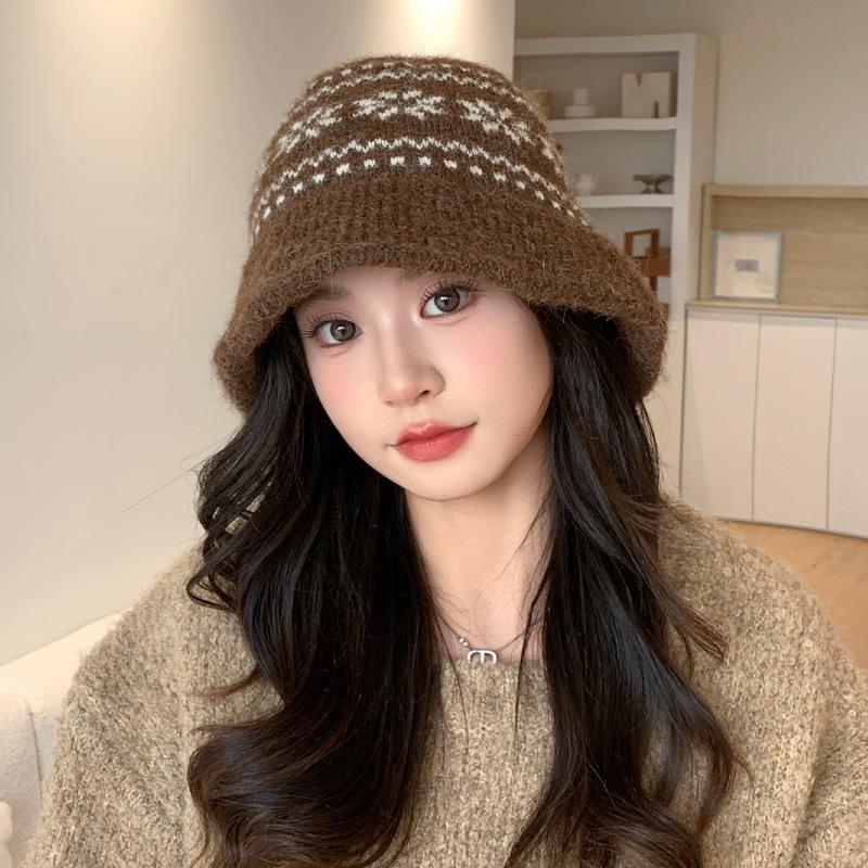 Fleece Thermal Hat Autumn and Winter Hat Women's Retro Bucket Hat Jacquard Knitted Wool Hat