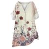 Women's Cotton Linen Round Neck Short Sleeve With Button Tops Printed T-shirt