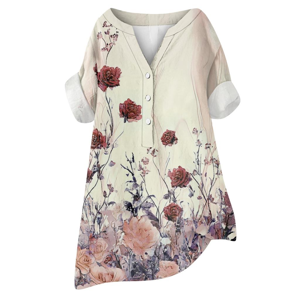 Women's Cotton Linen Round Neck Short Sleeve With Button Tops Printed T-shirt