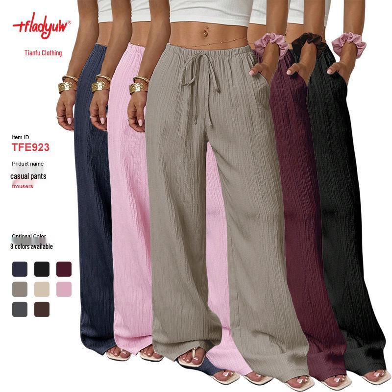 2026 Women's Casual Wide-Leg Pants with Knot Waist and Textured Fabric