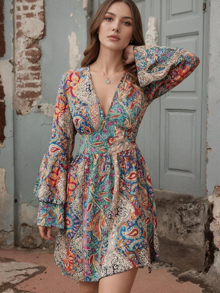 Robe Casual Imprimée Bohème à Col en V pour Femme 2026