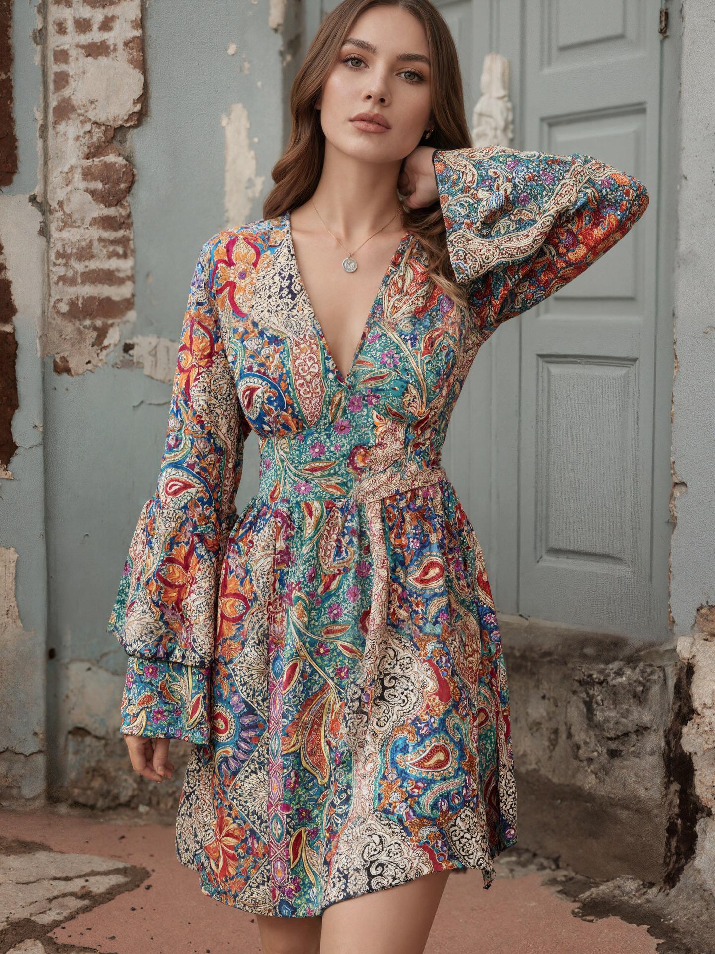 2026 Bohemian V-Neck Women s Casual Printed Dress Large