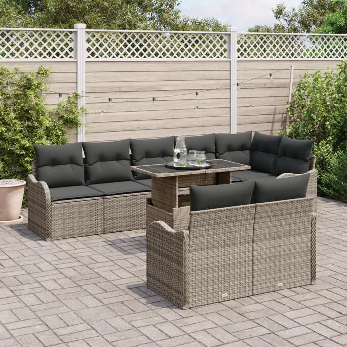 Set de Canapé de Jardin 9 pièces vidaXL avec Coussins en Rattan Poly Gris, Canapé de Jardin 2 places vidaXL avec Coussins 3348485