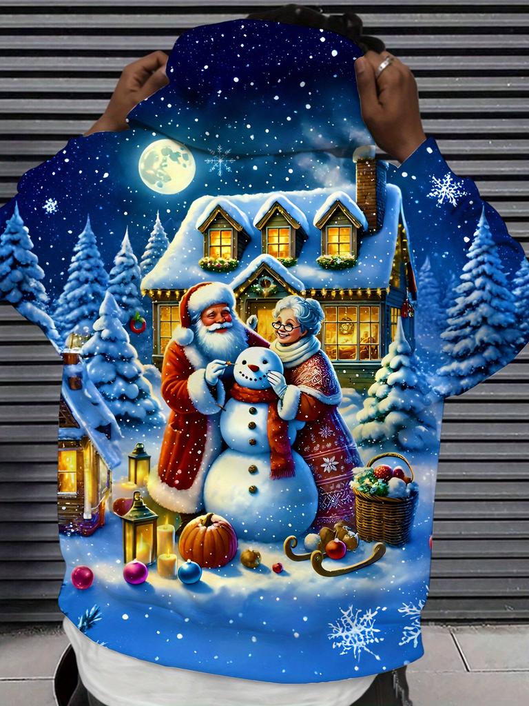 Men's Vintage 3D Santa & Snowman Print Hooded Sweatshirt - Christmas Winter Pullover Sweater, Machine Washable Casual Sweaters for Holiday Parties &