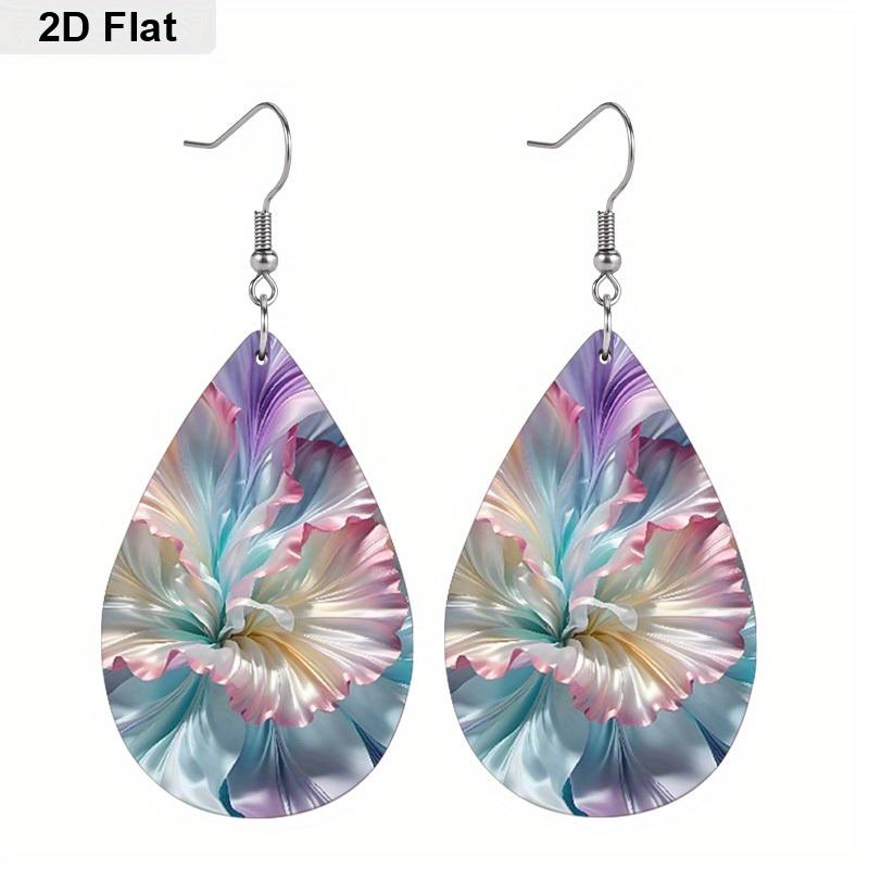 Charming Spring Summer Macaron Floral PU Earrings for women, Versatile Vivid Butterflies Double Sided Print Waterdrop Earrings