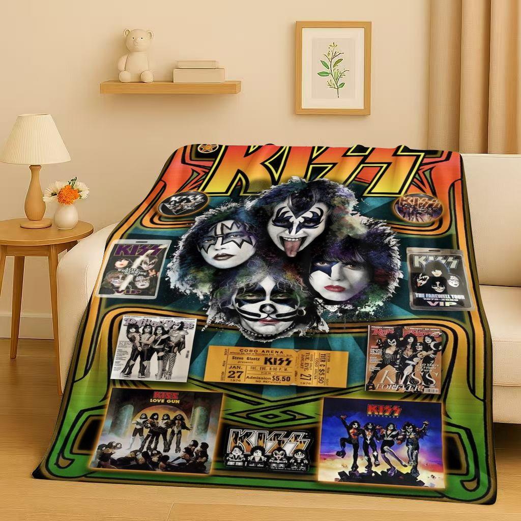 Coperta di Flanella Retro Kiss Rock Heavy Metal Band Gene Simmons, Coperta Morbida Ultra Peluche per Casa Camera da Letto Letto Divano Ufficio