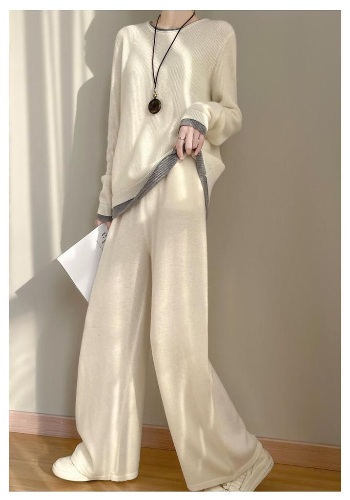 Women's 100% Wool Suit: Stylish Two-Piece Autumn/Winter Versatile Sweater & Pants Set