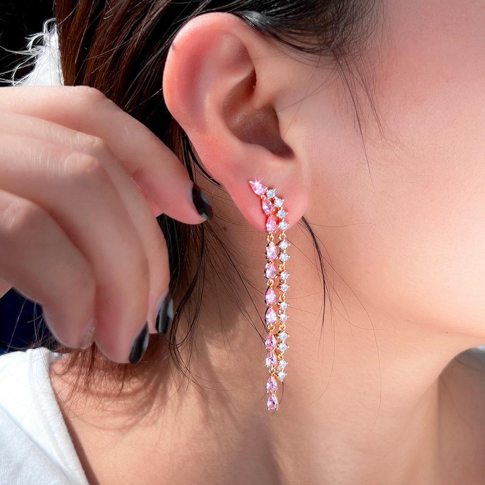 Aiguille Frais Et Doux Vent Féerique Rose Diamant Longues Boucles d'Oreilles à Franges Super Flash Boucles d'Oreilles en Zircon Complet Boucles d'Oreilles