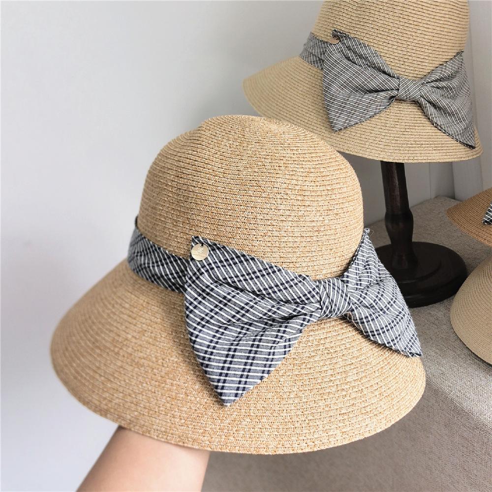 Korean Style Plaid Bowknot Bucket Hat Woven Sunshade Versatile Women's Summer Sunhat Fashionable Outdoor Protection