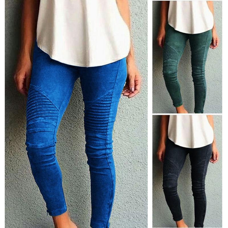 Womens Casual Slim High Elastic Pencil Long Pants Leggings In Vibrant Blue Green And Classic Black