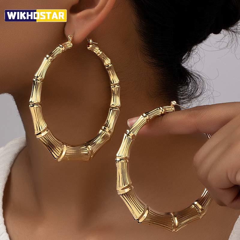 Exaggerated Large Bamboo Joint Hoop Earrings For Women Fashion Gold Color Circle Round Geometric Earrings Jewelry Party Gifts