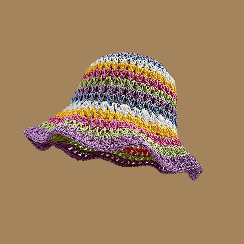 

Summer Rainbow Striped Bucket Hat Woman Crochet Beach Fisherman Hat Foldable Handmade Weave Sun Hat Female Panama sale