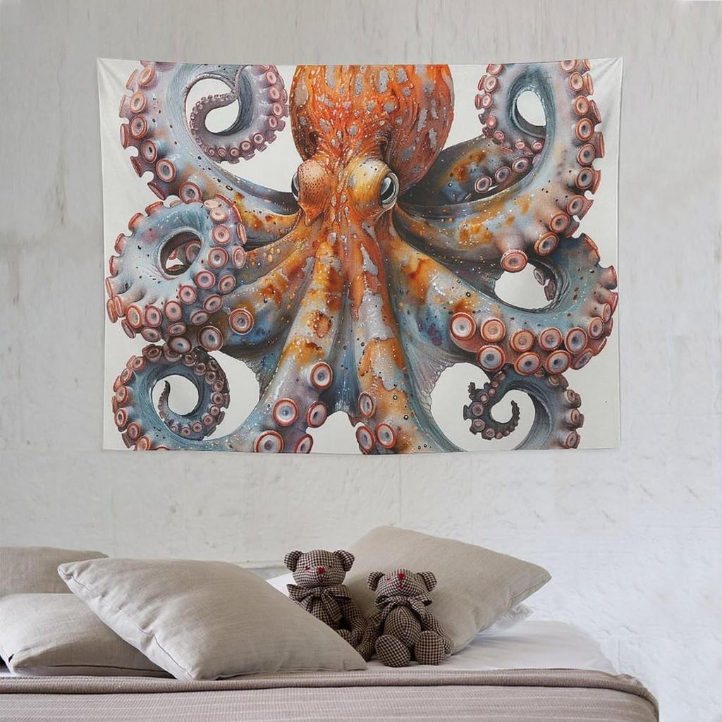 Realistic Octopus Tapestry, Calming Wall Art with Watercolor Octopus, Orange & Blue Tones, Ideal for Home & Ocean Themed Spaces