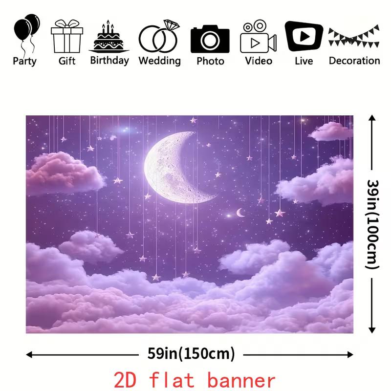 2D Dreamy Purple Moon Backdrop Pastel Cloud Starry Night Photography Background