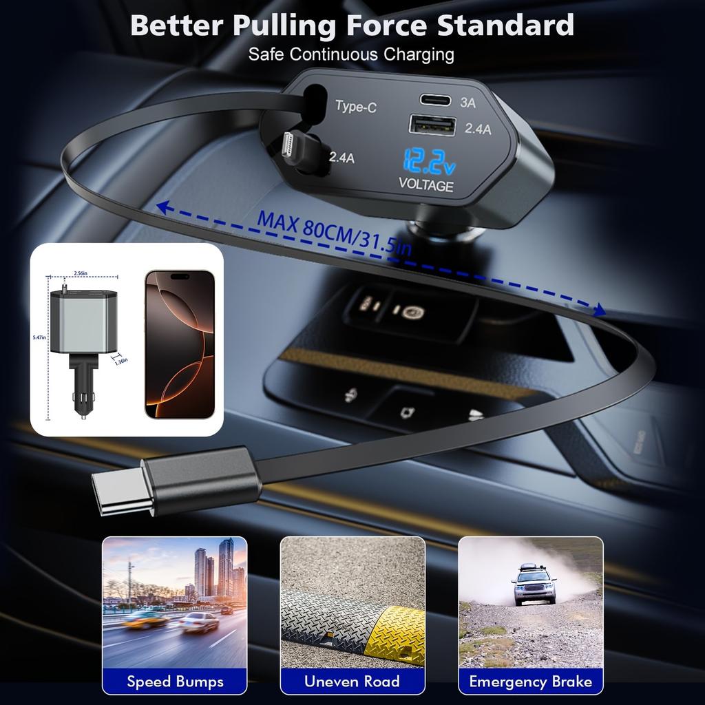 4-in-1 Einziehbarer 66W Autoladegerät mit Dual-Kabeln, USB-C- und USB-A-Anschlüssen, LED-Spannungsmonitor