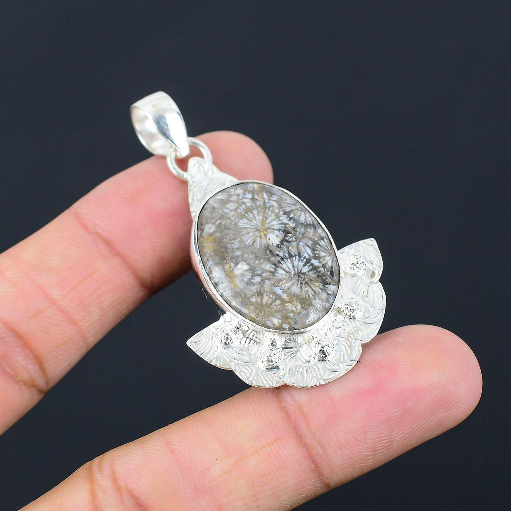 Natural Fossil Coral Gemstone Jewelry 925 Sterling Silver Pendant For Girls